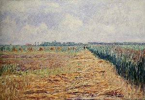 Et flatt nederlandsk landskap under en sommerhimmel med klare hvite skyer, ca. 1890 (olje på lerret) av Paul Baum