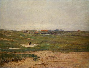 Gårdsgård med kvinne som legger ut vasking (olje på lerret) av Paul Baum