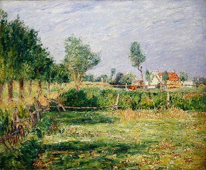 Holland, landskap med gårdshus bak hager (olje på lerret)