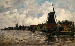 Holland, elvelandskap med to vindmøller (olje på tre)