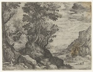 Fjelllandskap med bedende eremitt av Paul Bril