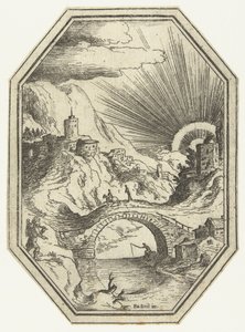 Landskap med steinbro i åttekantet ramme Octagonal Landscapes (serietittel) av Paul Bril