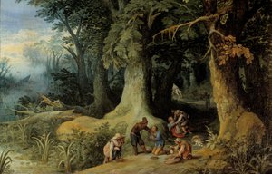 Våpenangrep i en skog En gruppe motorveibanditter. Maleri av Paul Bril (Brill) (1554-1626)