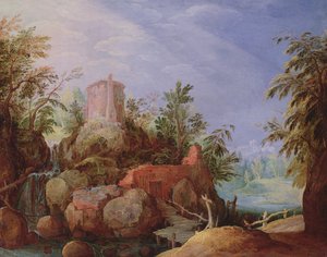 Fantastisk landskap med en foss og bro av Paul Bril
