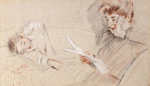 Madame Helleu Reading, med Paulette liggende ved siden av henne på en sofa, av Paul Cesar Helleu