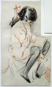 Paulette leser sitter på lekehunden sin (farget blyant på papir) av Paul Cesar Helleu