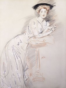 Portrett av frøken Taylor lener seg på et bord, av Paul Cesar Helleu