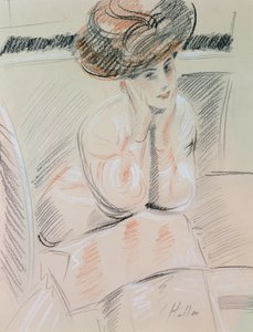 Portrett av en dame (svart, hvitt og rødt kritt på brunpapir) av Paul Cesar Helleu