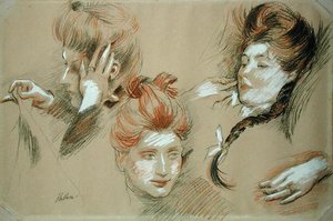 Studie av kvinner (rødt og svart kritt forsterket med hvitt på papir) av Paul Cesar Helleu