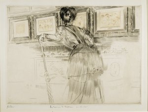 Kvinne ser på Watteau-tegninger i Louvre, ca. 1895 av Paul Cesar Helleu