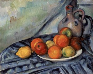 Frukt og en kanne på et bord av Paul Cézanne