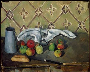 Frukt, serviett og melkeboks - Olje på lerret av Paul Cézanne
