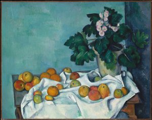 Stilleben med epler og en potte primula av Paul Cézanne