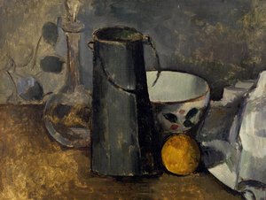 Stilleben med karaffel, melkeboks, bolle og appelsin av Paul Cézanne