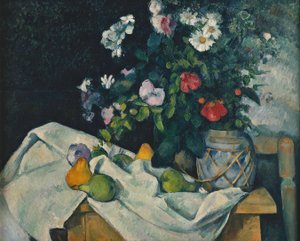 Blomster i en krukke med ingefær og frukt av Paul Cézanne