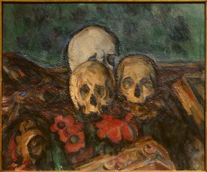 Tre skinn på et orientalsk teppe Maleri av Paul Cezanne (1839-1906) 1898 Solothurn. Kunstmuseum. - Tre hodeskaller på et orientalsk teppe. Maleri av Paul Cezanne (1839-1906) av Paul Cézanne
