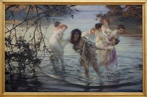 Glade ebats. Unge kvinner har det gøy mens de svømmer i vannet i en elv. Maleri av Paul Emile Chabas (1869-1937), olje på lerret, ca 1899. Museum of Fine Arts of Nantes.