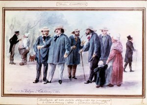 Den franske forfatteren Honore de Balzac (1799-1850) og vennene hans forkledde seg som bønder i byen Avray i 1840. Akvarell malt etter minnet av Paul Chardin (1833-?) av Paul Chardin