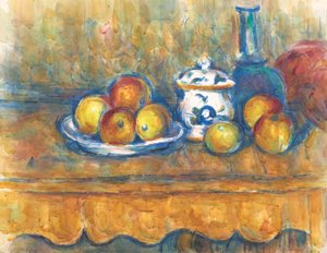 Stilleben med blå flaske, sukkerskål og epler av Paul Cézanne