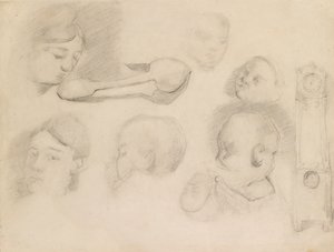 Studier av et barnehode, en kvinnes hode, en skje og en klokke, c1872 av Paul Cézanne