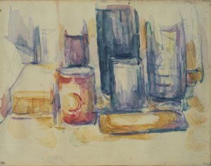 Kjøkkenbord: krukker og flasker av Paul Cézanne