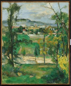 Landsby bak trær, Île-de-France, ca. 1879 av Paul Cézanne