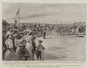 The Military Review and Inspection of New South Wales Forces av guvernøren, Sir Robert Duff, og generalmajor Hutton, i Centennial Park, Sydney av Paul Destez