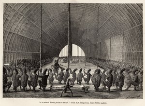 Mounza, konge av Mombouttous (Zaire), danser foran serailet sitt, sammensatt av 80 kvinner, gravert etter tegningen av P.Philippoteaux, som illustrerer en reise til hjertet av Afrika, i 1868-1871, av Dr. George Schweinfurth, publisert i "" Le tour du m av Paul Dominique Philippoteaux