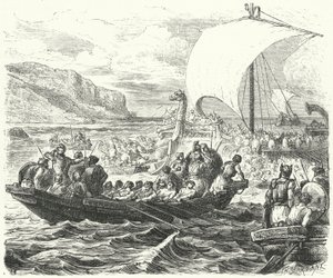 Fønikiske skip som lander på en kyst (gravering) av Paul Dominique Philippoteaux