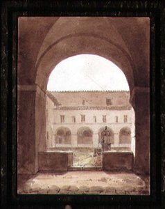 Utsikt over et kloster med en brønn (sepia akvarell på papir) av Paul Emile Detouche