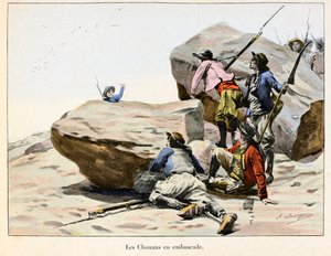 Chouannerie: Les Chouans en ambuscade, sent på 1700-tallet - Illustrasjon av Emile Boutigny (1853-1929) I "" Hoche-Marceau-Desaix"" av Theodore Cahu (1854-1928) - Privat samling - Chouannerie: Illustrasjon av Emile Boutigny (1853) -1929) for "Hoche-Marcea