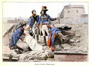 Hoche befester Dunkirk: I 1793 forsvarer generaloffiser Lazare Hoche (1768-1797) Dunkirk mot britene ved å gjøre byen for vanskelig for fiender å kjøre - illustrasjon av Emile Boutigny (1853-1929) I "Hoche-Marceau-Desaix " av Theodore