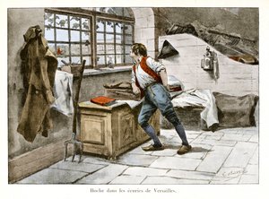 Rangle i stallen i Versailles: Lazare Hoche (1768-1797) gikk inn i den kongelige stallen 14 år gammel som overtallig assistent - Illustrasjon av Emile Boutigny (1853-1929) I "Hoche-Marceau-Desaix" av Theodore Cahu (1854-192) ) - Privat samling