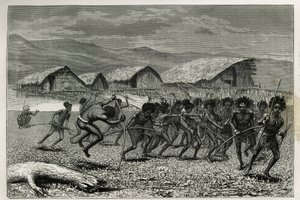 Nedstigning av Papus Arfaks-krigerne i Dorey (New West Guinee), gravering av E.Mesples, for å illustrere reisen til New Guinee av Achille Raffray, belastet med et vitenskapelig oppdrag av Ministry of Public Education, i 1876-1877, publisert i turen d av Paul Eugene (after) Mesples