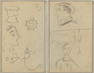 En karikatur og fem former; En mann i profil, en bevinget skapning og en gutt [verso] av Paul Gauguin