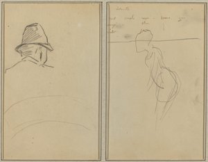 Et menneskehode med hatt, sett bakfra; En stående kvinne [recto] av Paul Gauguin