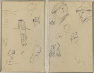 En mann som lener seg på en vegg med fem andre studier; To skjeggete menn med hatter og fem andre studier [recto] av Paul Gauguin
