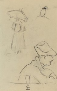En person som holder en paraply og en sittende mann med en hatt og et glass [verso] av Paul Gauguin