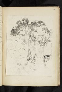 Før og etter - To kvinner i samtale i et landskap av Paul Gauguin