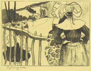 Bretonische Frauen neben einem Zaun av Paul Gauguin