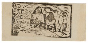 Byste av en naken kvinne og trekvartsfigur av en mann med en hvit hette i profil, tredje liten figur lengst til høyre, hodeplagg for Le sourire av Paul Gauguin