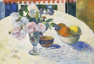 Blomster og en bolle frukt på et bord av Paul Gauguin