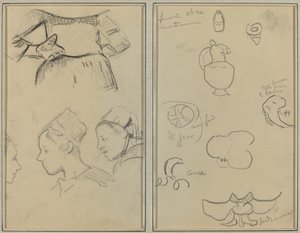 Fire studier av bretonske kvinner; Former og vaser [verso] av Paul Gauguin