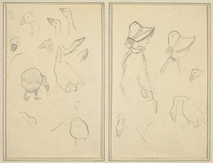 gjess; Jenter i Bonnets, Geese [recto] av Paul Gauguin