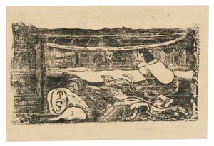 Interiør av en Tahitian Hut, fra Suite of Late Wood-Block Prints av Paul Gauguin