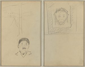 Landskap og menneskets hode; Head of Monkey Inside a Square [recto] av Paul Gauguin