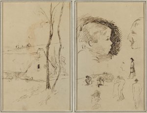 Landskap med hytte; Profil av gutt, profil av mann, to kvinner i et landskap, og fem andre studier [verso] av Paul Gauguin