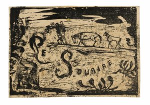 Mann som bærer bananer etterfulgt av to hester, hodeplagg for Le sourire av Paul Gauguin