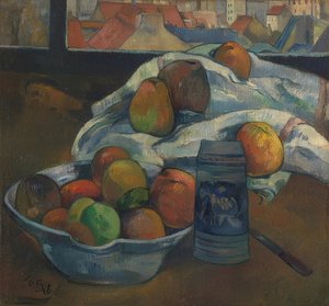 Fruktskål og mugge foran et vindu. Sannsynligvis 1890 av Paul Gauguin