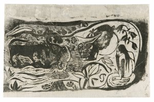 Tallerken med hodet til en horndjevel, fra Suite of Late Wood-Block Prints av Paul Gauguin